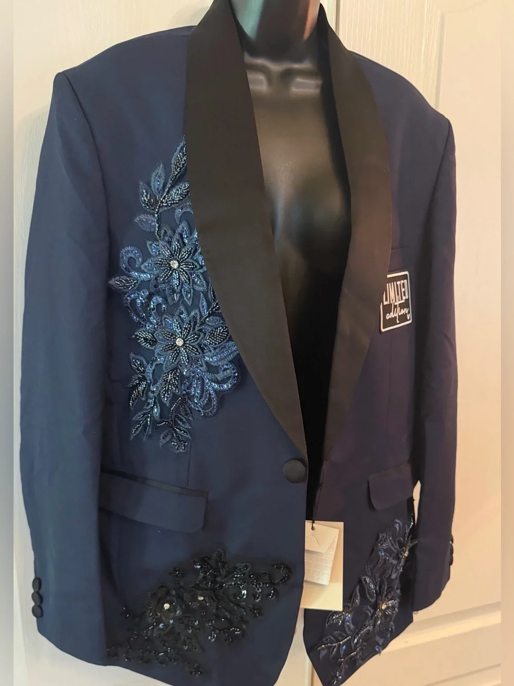 Upcycled unisex Navy Satin-Lapel Embroidered Blazer size 42 r or size M